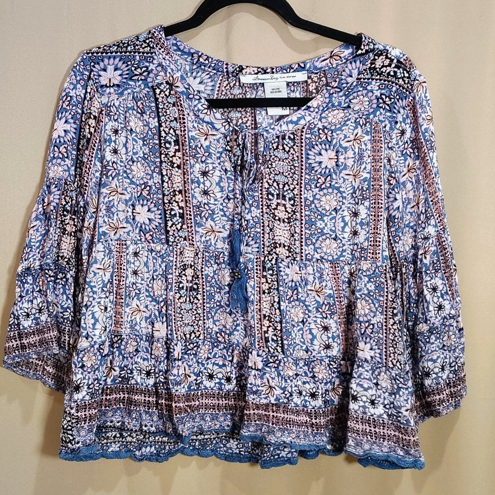 American Rag Cropped Boho Top Women M Blue Floral Peasant Festival Hippie Flowy